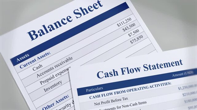 Cash flow statement and balance sheet top view. Profit and loss calculation, business, accounting, market, valuation, audit, assets, finance. 4k video footage