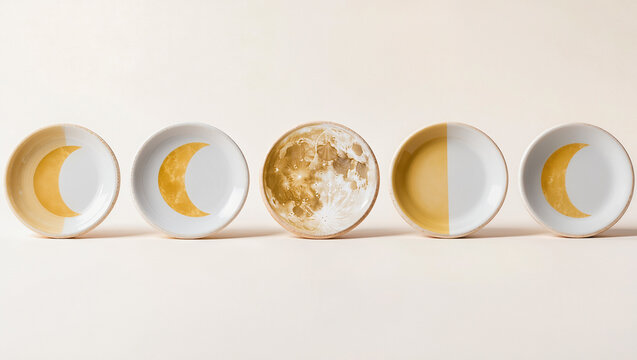 five ceramic dishes showing moon phases from crescent to full moon in gold, evenly lined up on a cream surface, conceptual lunar cycle and passing time concept