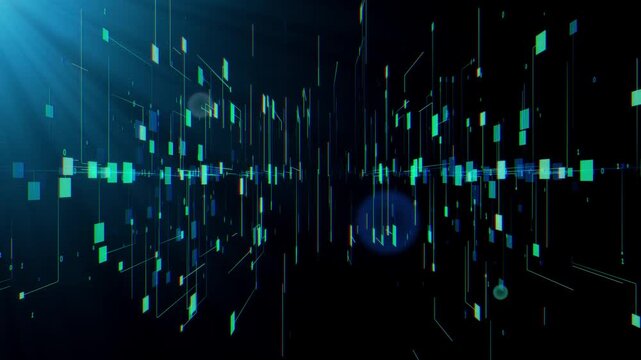 暗い空間に並ぶ青緑色のデジタル光の縦線と粒子