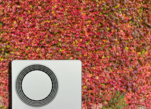 Herbst, Luft-Wasser-W&auml;rmepumpe vor einer bepflanzten Hauswand