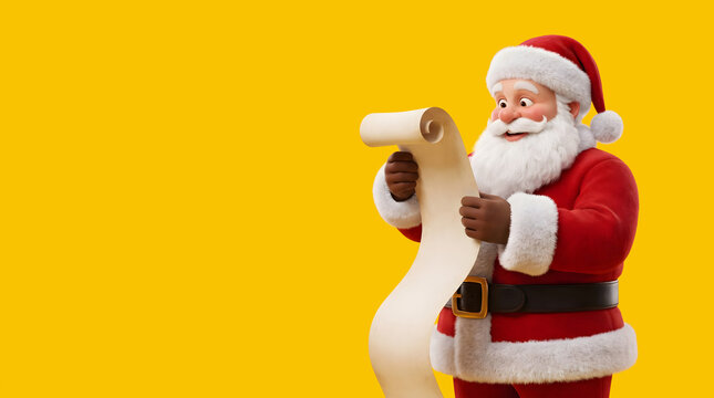 A cheerful santa claus reading a very long scroll of paper isolated against a bright yellow background studio shot