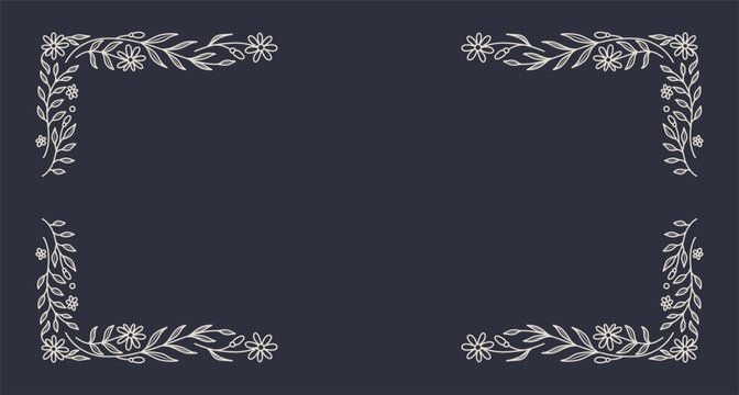 Hand drawn blue floral background with an elegant linear frame. Simple border with leaves, branches and flowers. Vector design for card, wedding invitation, cover, banner, menu