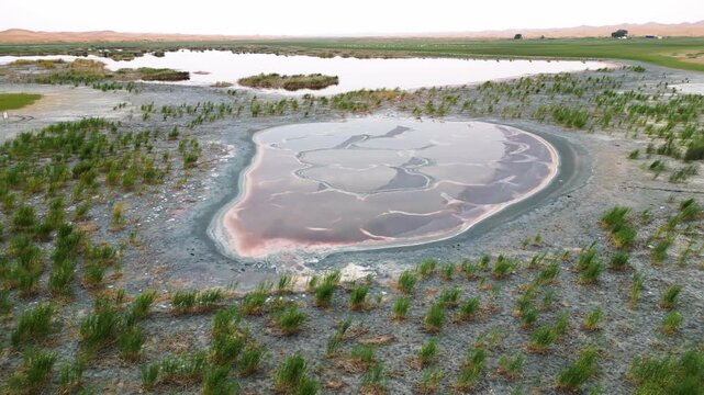 Aerial Top-Down View of Heart of the Earth or Salt Lake in Tengger Desert, Inner Mongolia, China