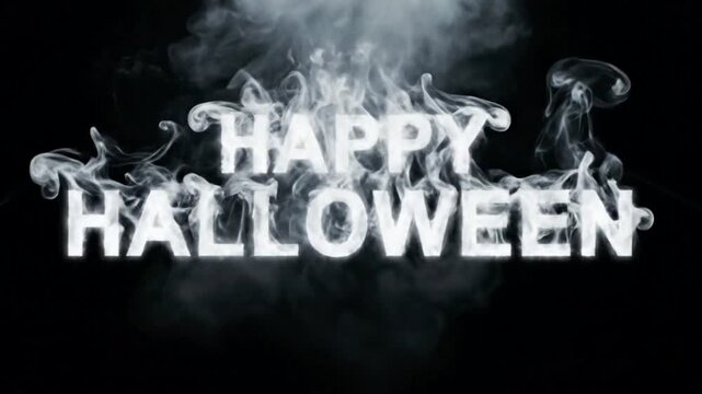 Happy halloween smoke text animation on black background, spooky reveal effect intro overlay, halloween greeting video for titles, social media status, wishes and holiday projects.
