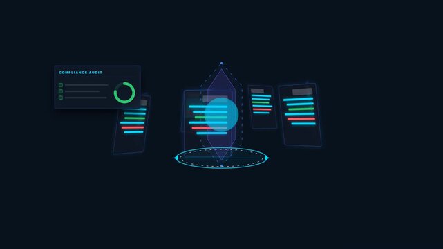 Premium 4K visualization of an AI legal tech assistant processing holographic contracts, finding risks, and outputting actionable business intelligenc.