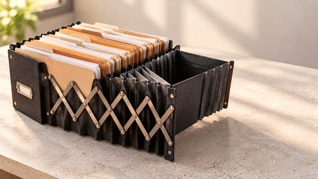 Accordion file organizer on office desk filled with folders and documents for archiving paperwork storage and records management
