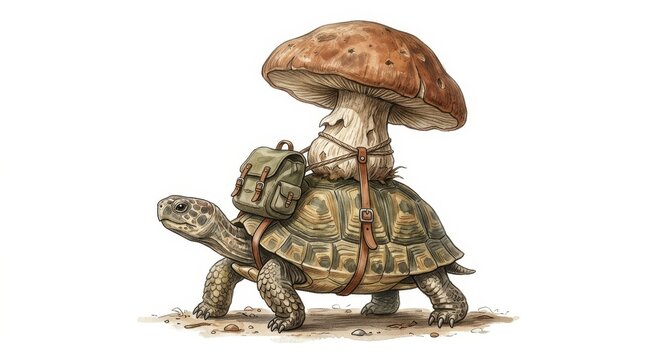 Hand drawn tortoise with a backpack carrying a large brown mushroom on its shell