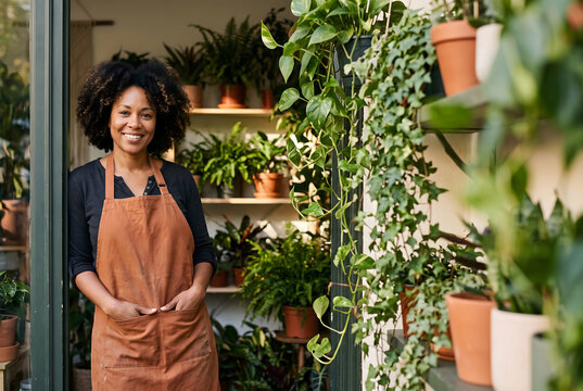 Smiling small business owner standing in her plant shop doorway
