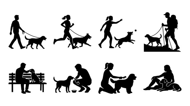 Dog owner silhouettes set with walking, running, hiking, petting, feeding and grooming pets for logos and icons