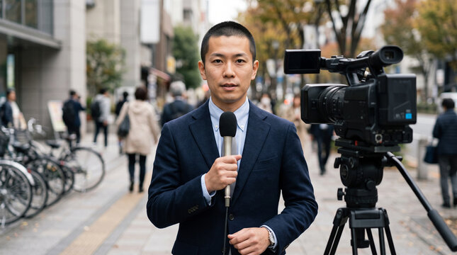 屋外でカメラの前に立ってリポートする30代の日本人男性の記者・リポーター：報道の仕事のイメージ