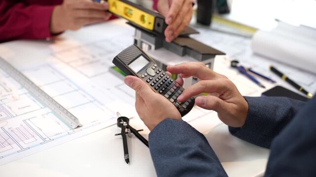 Close-up of architects reviewing building plans at a desk, using a calculator, ruler and drafting tools for construction project planning.