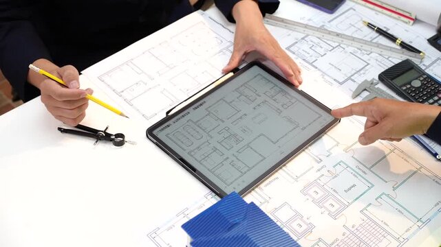 Architects review building plans on a tablet with printed blueprints, calculator, ruler and drawing tools on a desk.