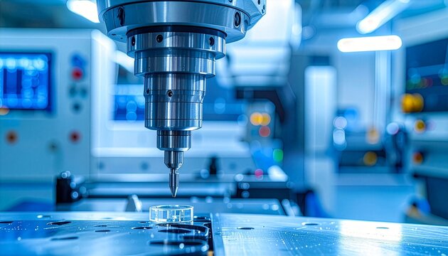 Industrial CNC milling machine performing precision metal cutting in a bright blue modern manufacturing factory setting.