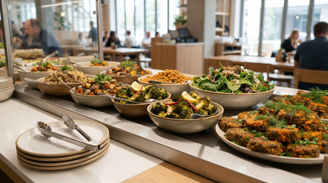 Healthy vegetarian cafeteria food buffet with grain bowls, salads, and vegetable patties. Self-service restaurant counter