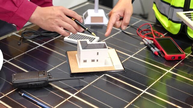 Hands test a miniature house model with electrical probes on a solar panel, surrounded by wires and measuring tools in a renewable energy laboratory