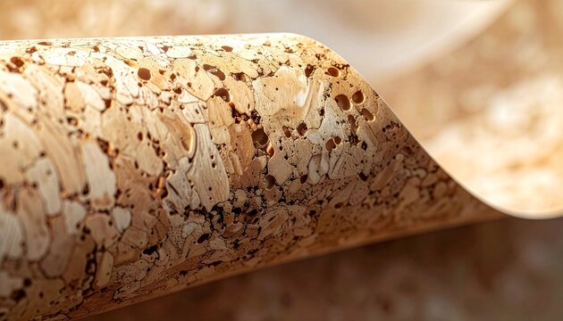 Macro view of natural cork material surface with detailed organic texture and warm brown tones in soft lighting