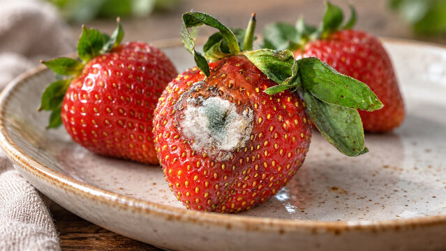 Mould growing on a strawberry, close-up photograph showing fungal food spoilage, contamination and decay of fresh fruit