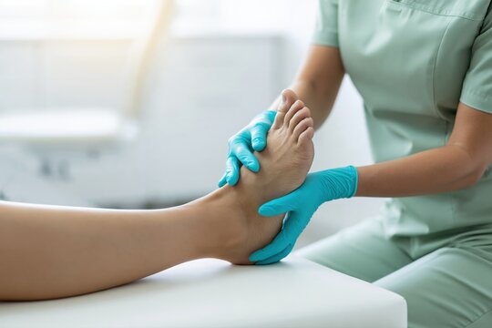 Podiatrist supporting the heel and examining the top of a patient&rsquo;s foot