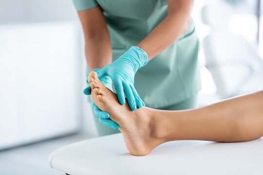 Gloved hands assessing a patient&rsquo;s forefoot during a podiatry examination