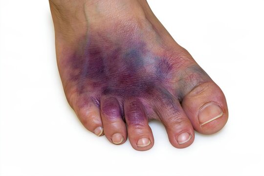 Close-up of a foot with extensive purple bruising across the forefoot and toes