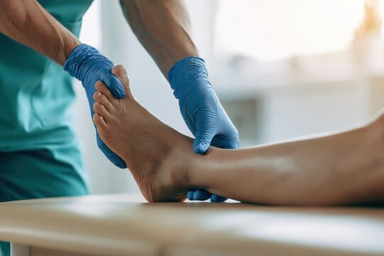 Podiatrist holding a patient&rsquo;s toes and ankle during a foot assessment