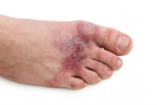 Bruised forefoot and swollen toes shown against a white background