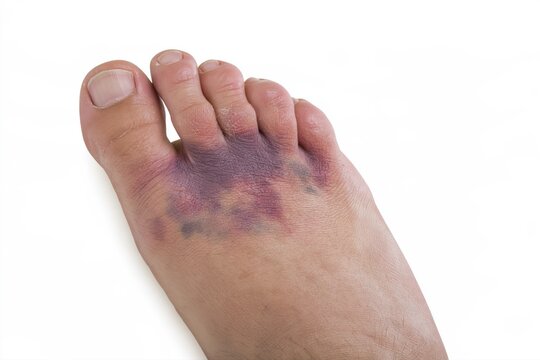 Purple bruising and swelling across the base of the toes on a white background