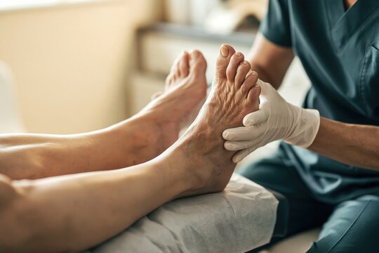 Close-up of a podiatrist examining a patient&rsquo;s foot with white gloves