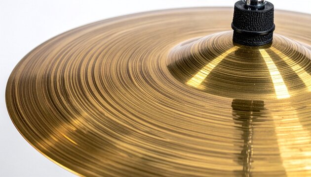 Shiny polished brass cymbal instrument close up showing concentric metal grooves for music production.