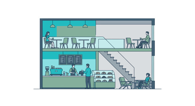 Coffee shop interior cross section illustrates a busy two story cafe with customers dining and baristas serving drinks.