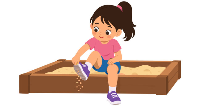 Cute little girl with ponytail sitting on edge of wooden sandbox brushing sand off her purple sneakers, happy child playing outdoors in summer, flat vector cartoon illustration isolated on white