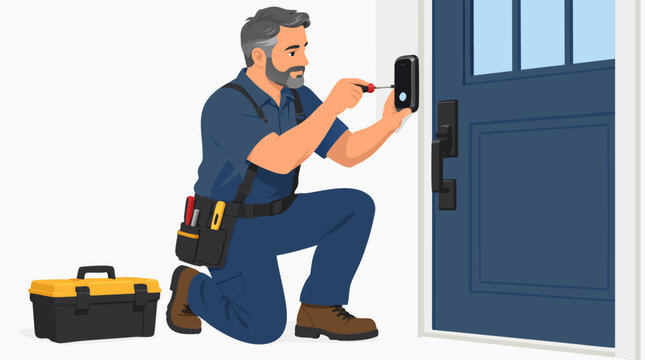 Middle-aged professional electrician in blue uniform kneeling and installing glowing smart lock keypad beside modern front door with toolbox, home security upgrade illustration, vector flat design