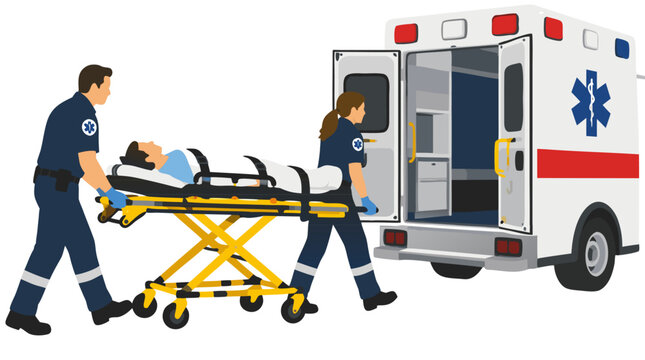 Two paramedics wheeling patient on yellow stretcher toward open ambulance with rear doors open, urgent emergency medical rescue response flat vector illustration isolated on white background