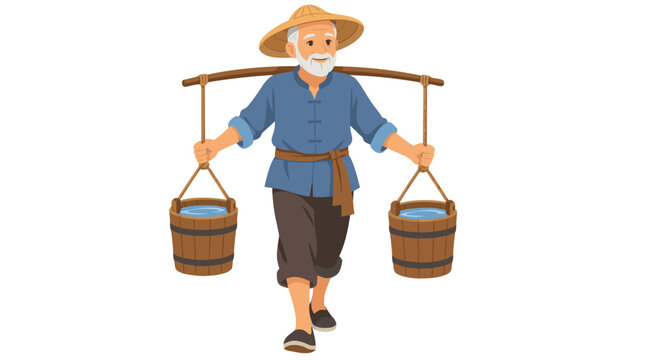 Smiling elderly Asian farmer wearing straw hat and blue tunic carrying two wooden water buckets on shoulder yoke walking isolated on white background flat vector illustration rural life