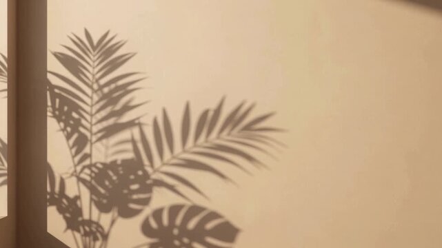 Soft tropical plant shadow cast on beige stucco wall a close up view of delicate palm leaves creating abstract patterns