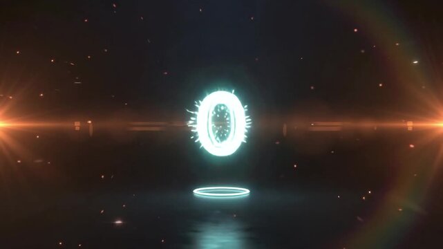 Glowing neon number three inside a circular frame with floating particles digit numeral countdown light glow