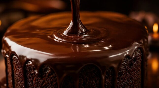 Macro Close-up of Glossy Chocolate Ganache Being Poured Over a Round Cake Rich Dark Surface Catching Warm Light Professional Food Photography - professional high detailed commercial stock imagery