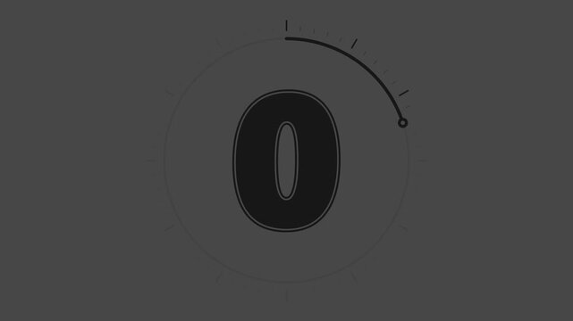 Countdown timer 5 to 0, thin black numbers on white with a circle line shrinking each second, ending with an explosion, white and black, 4K