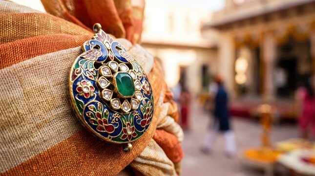 Close up of ornate traditional indian turban brooch with green gemstone. Rajasthani royal jewelry and safa pagri
