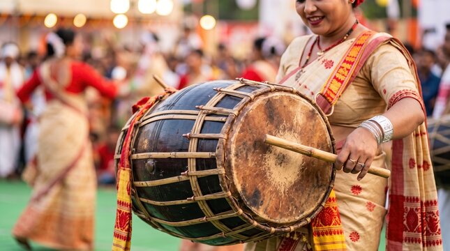 Close up of an Assamese woman playing a traditional dhol drum during Bihu festival. Folk musical instrument performance in Assam India