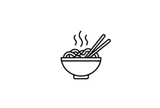Steaming noodle bowl with chopsticks outline vector icon