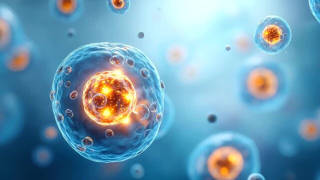Abstract glowing virus cells and microscopic particles floating on soft blue background, medical science, infection research, immunology and biotechnology concept A hyper-realisti