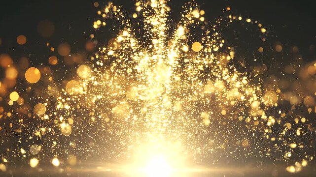 Abstract golden bokeh lights floating against a dark cinematic background, creating an elegant sparkle effect with festive glow, luxury design, magical particles