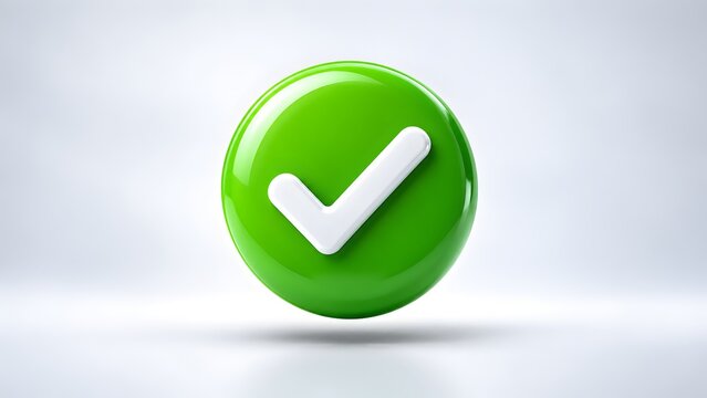 Glossy green circular button with a white check mark. Concept of business approval, quality assurance and successful task completion.