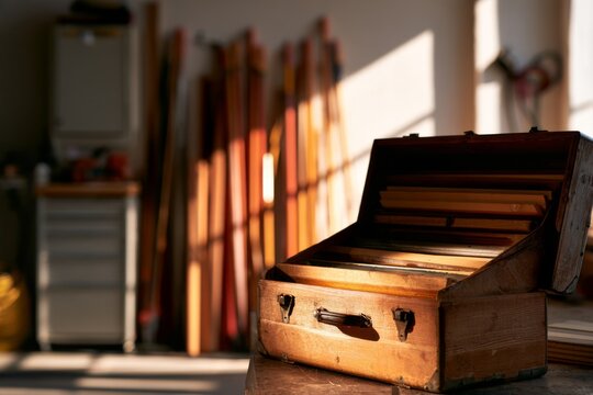 Open vintage wooden case filled with old papers in a warm sunlit workshop
