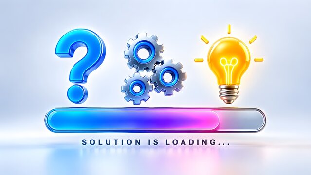 Blue question mark, metallic gears, and glowing yellow lightbulb above a loading bar. Concept of problem solving and innovative business strategy.