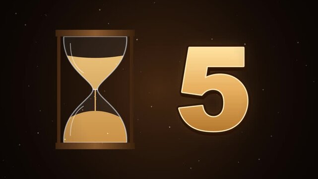 Countdown timer 10 to 0, an hourglass with falling sand beside the numbers, ending with an explosion, gold sand and dark brown, 4K