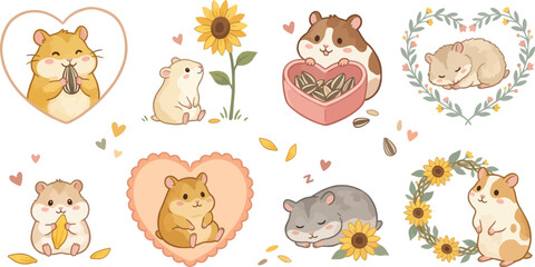 Obraz premium Set of cute cartoon hamster illustrations with sunflowers and hearts for stickers or scrapbooking.
