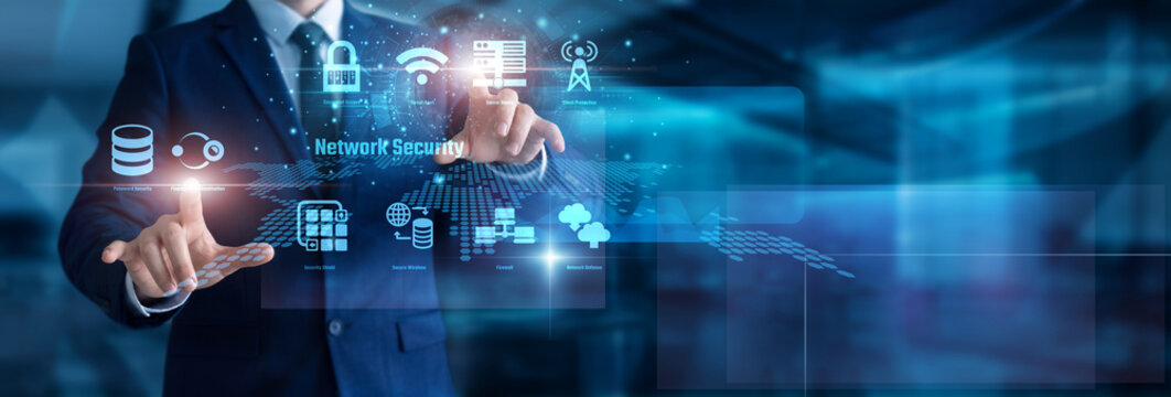 Cybersecurity analyst monitoring threat logs. Hands touching firewall dashboard upgrading Network Security protocols. Global defense systems blocking malicious digital hacking attempts.