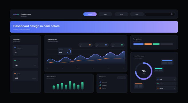 Dark dashboard UI elements set with graphs and charts for web application